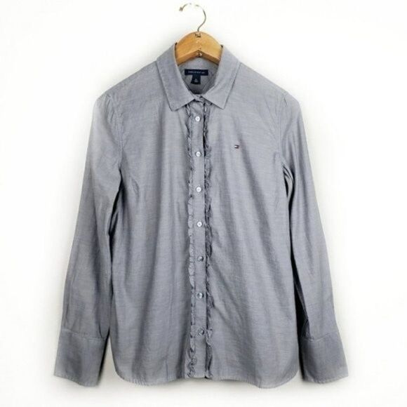 Tommy Hilfiger gray ruffle button up shirt Medium - Picture 1 of 6